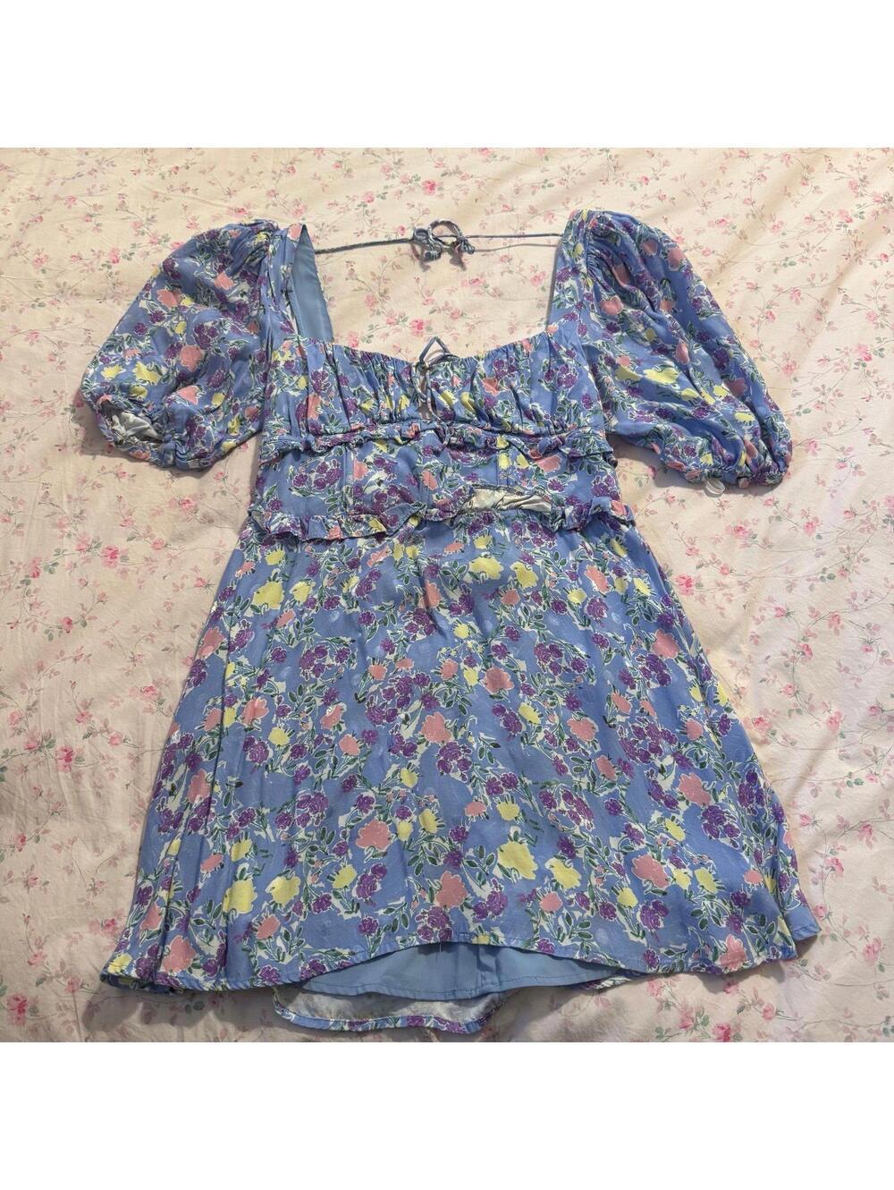 For Love & Lemons Charlene Puff Sleeve Mini Dress Blue Floral